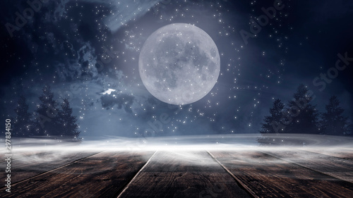 Dark forest. Gloomy dark scene with trees  big moon  moonlight. Smoke  shadow. Abstract dark  cold street background. Night view. Night wooden table