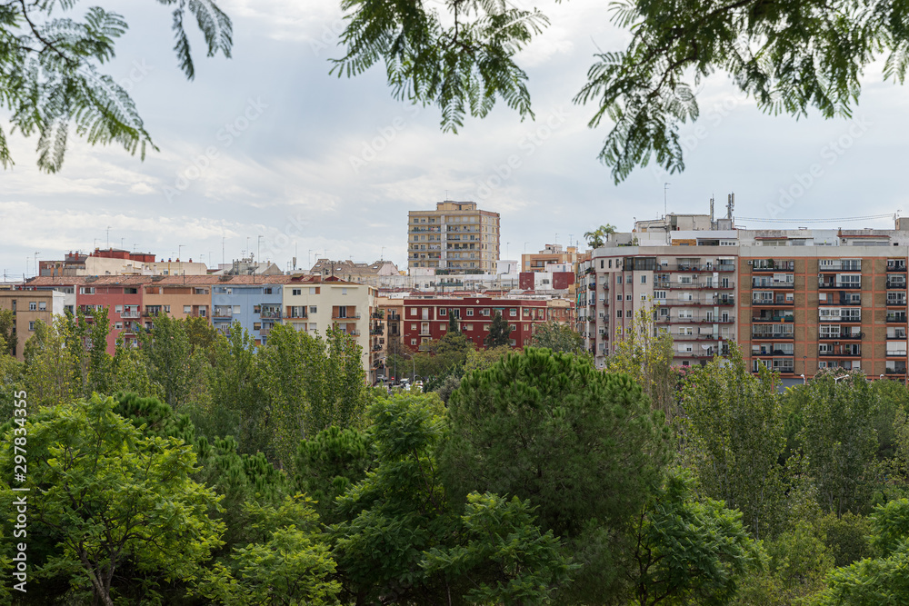 Cityscape from a park hill. Parque de Cabecera, Valencia, Spain.