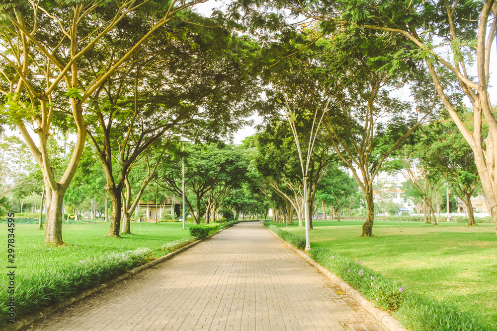 Pathway in beautiful pure sunrise morning at public park with green grass, tree and flower. Half moon park in Ho Chi Minh city, Vietnam. Pathway in beautiful pure sunrise morning at public park with green grass, tree and flower. Half moon park in Ho Chi Minh city, Vietnam.