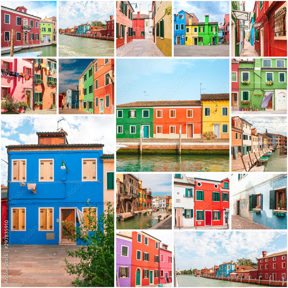 Colored houses of Burano island, Venice, collage