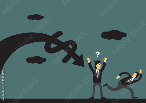 Businessman running away from the economy crash without telling his business partnerin a green background. Vector cartoon illustration.
