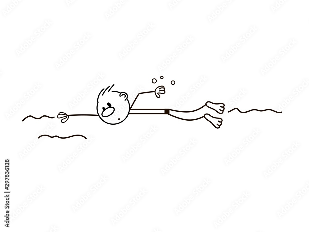 Doodle stick figure boy swimmer in the swimming pool. Vector. Stock