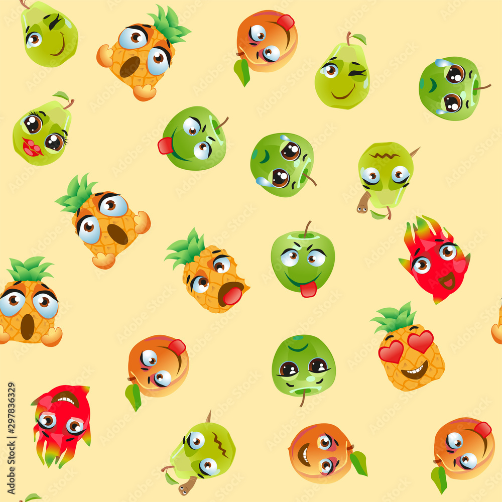 Cute seamless pattern with cartoon emoji fruits Cute seamless pattern with cartoon emoji fruits