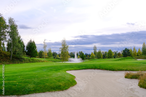 Landscape. Golf course with trees, shrubs, lake, bridge and fountain.