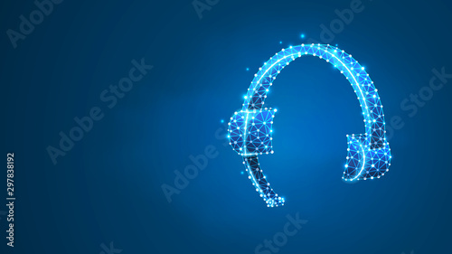 Headset. Headphones with microphone sign. Support, call center, customer service concept. Abstract, digital, wireframe, low poly mesh, Raster blue neon 3d illustration. Line, dot