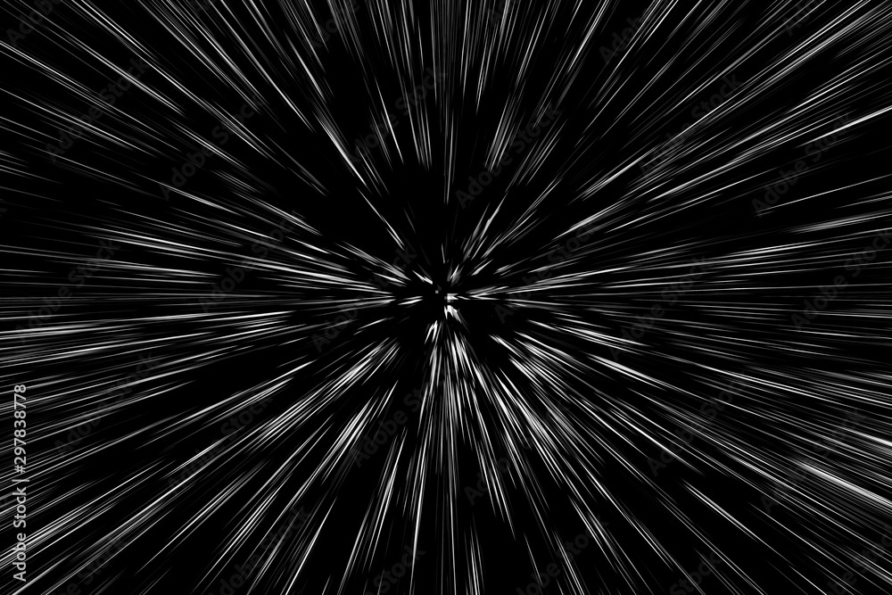 Obraz premium Bokeh white lines on black background, abstraction, abstract speed light motion blur texture, star particle or space traveling, black and white extrusion effect