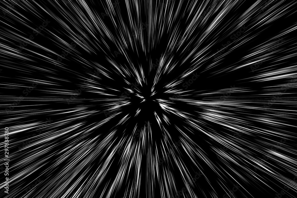 Bokeh white lines on black background, abstraction, abstract speed light motion blur texture, star particle or space traveling, black and white extrusion effect