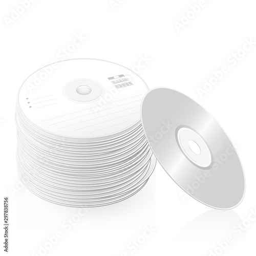 Pile of CDs, compact disc tower, many DVDs, heap of digital versatile discs - symbolic for large bulk and mass of data and information - isolated vector illustration on white background.