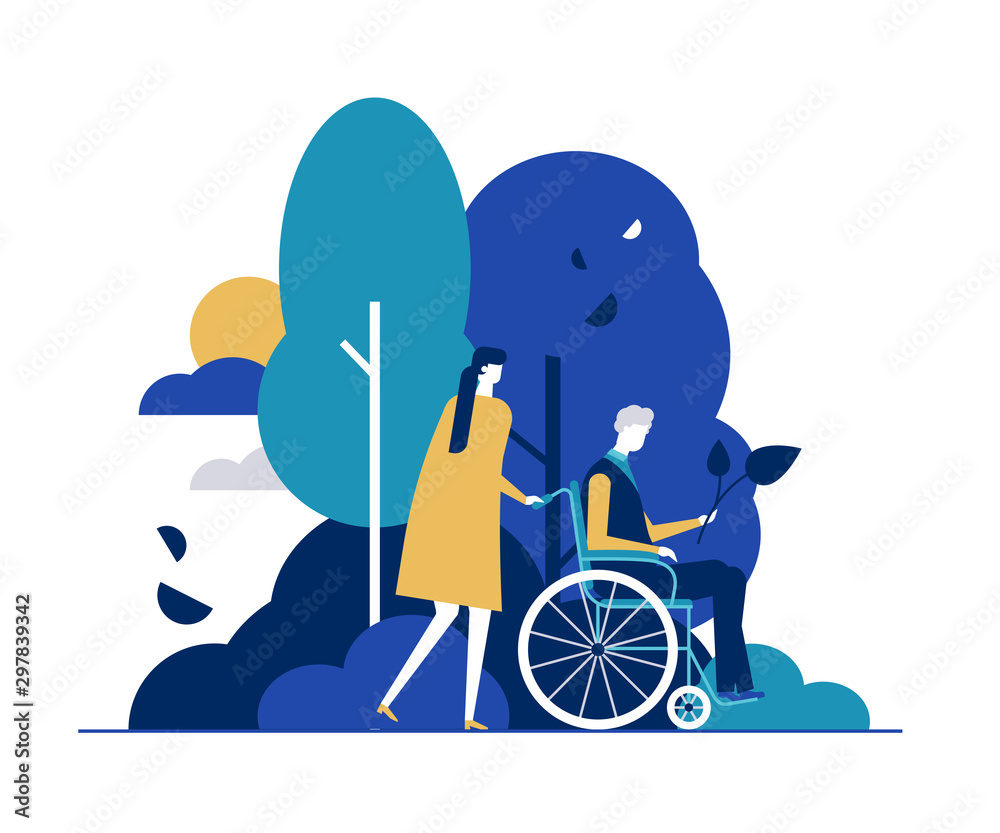 Young woman with disabled man in park flat vector illustration - obrazy, fototapety, plakaty 