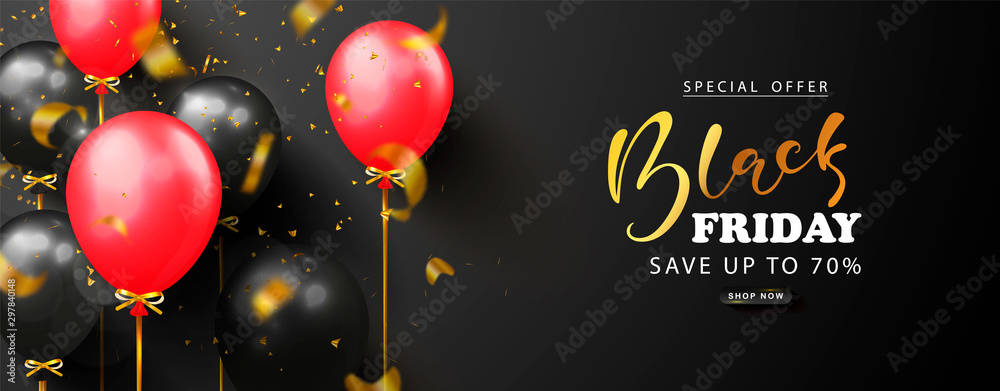 Black friday sale background with black and red balloons and flying golden serpentine. Modern design.Universal vector background for poster, banners, flyers, card - obrazy, fototapety, plakaty 