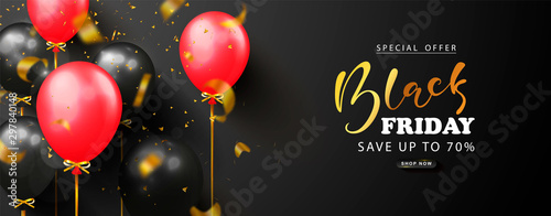 Black friday sale background with black and red balloons and flying golden serpentine. Modern design.Universal vector background for poster, banners, flyers, card