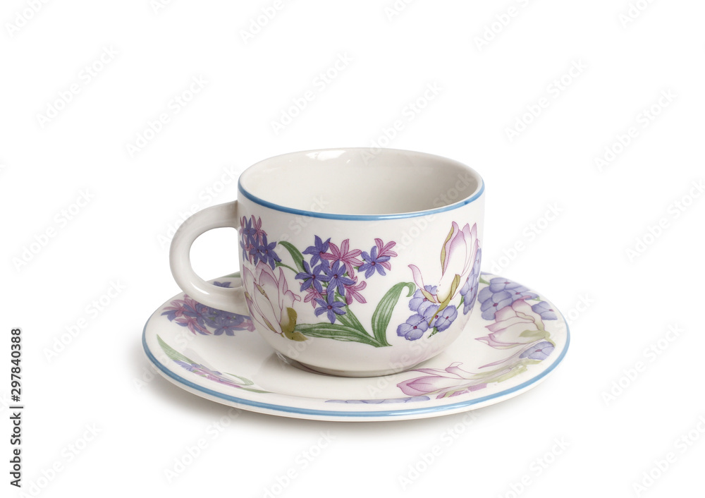 Antique porcelain tableware for tea on a white background Antique porcelain tableware for tea on a white background