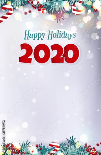 Happy holidays 2020 Christmas snowy background with fir branches, berries, xmas lights and candies. Vector winter illustration