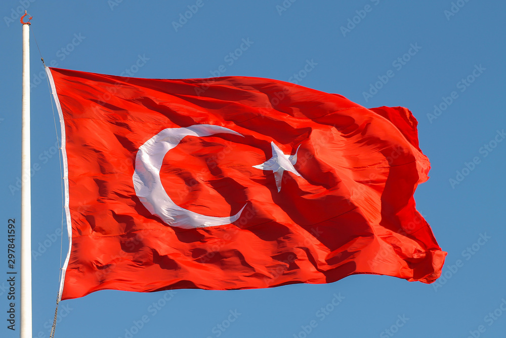 Flag of Turkey. Red flag with a white moon and a star. Flag on a