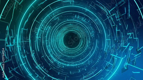 Computer digital tube with matrix machine symbols, fly through future corridor