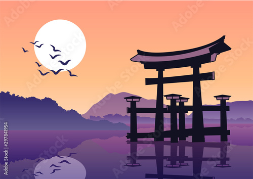 The Torii famous landmark of Japan,silhouette style,vector illustration