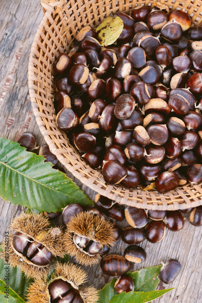Edible chestnuts on the wooden table Edible chestnuts on the wooden table