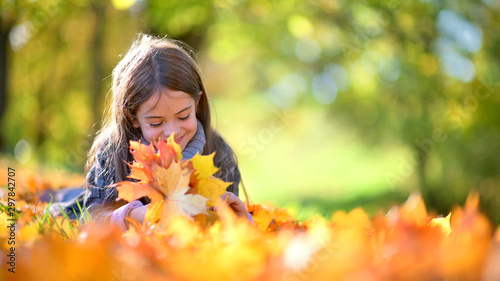 Cute little girl with her hair lies on fallen foliage in a beautiful park collects a bouquet of leaves and dreams