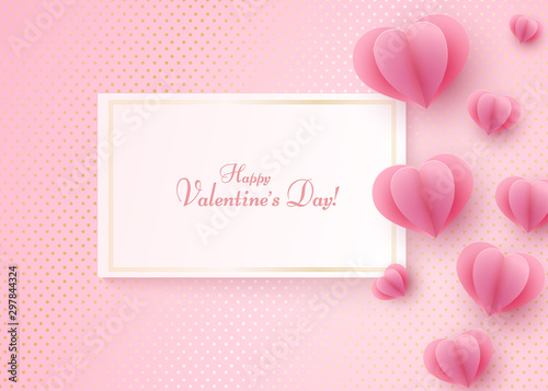 Paper heart on a pink luxury background Text Happy Valentine Day in a golden luxury frame Heart element a love symbol for the design of banner poster on Valentine Day Mother Day weddings sale Vector © ket-le