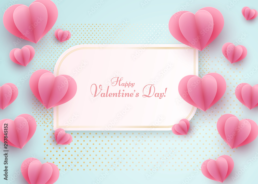 Paper heart on a blue luxury background Text Happy Valentine Day in a golden luxury frame Heart element a love symbol for the design of banner poster on Valentine Day Mother Day weddings sale Vector