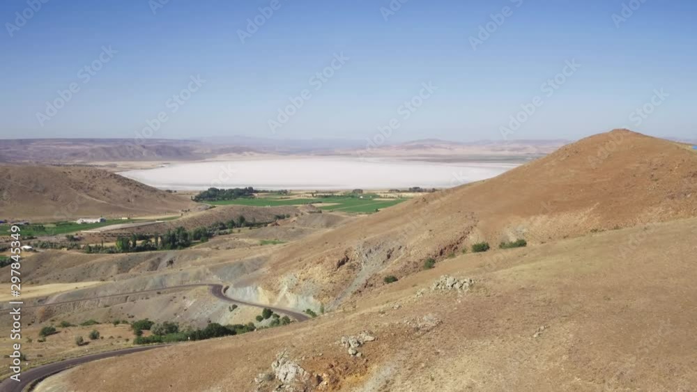 Large salt lake / Big Saline Lake in turkish dry mountains landscape / Summer sunny hot day at cloudless sky Large salt lake / Big Saline Lake in turkish dry mountains landscape / Summer sunny hot day at cloudless sky