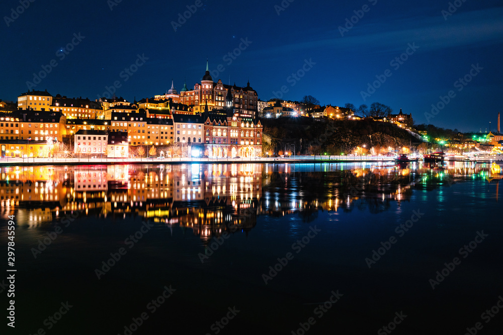 View of Sodermalm in Stockholm, Sweden with illuminated historical buildings