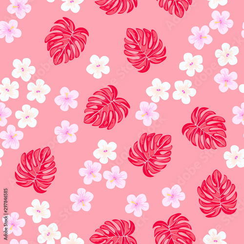 Hibiscus flowers Monstera leaves floral pattern
