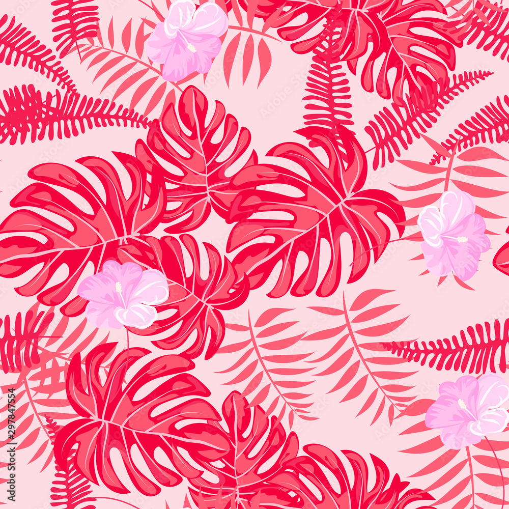 Fototapeta premium Hibiscus flowers Monstera leaves floral pattern