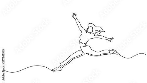 Happy jumping woman. Continuous one line drawing
