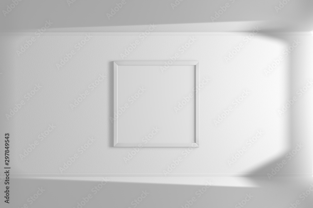 Square mockup picture frame of white color hanging on the wall. Simple interior. Bright room. Light and shadow of the window. 3D rendering Square mockup picture frame of white color hanging on the wall. Simple interior. Bright room. Light and shadow of the window. 3D rendering