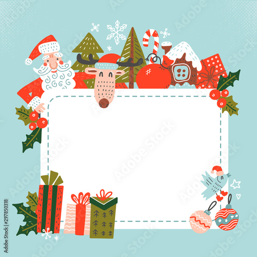 Santa Sign template. Santa Claus holding a blank sign. Frane decorated with xmas gifts and characters. Flat vector hand drawn illustration.