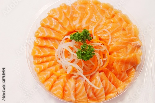 sliced salmon with white background 