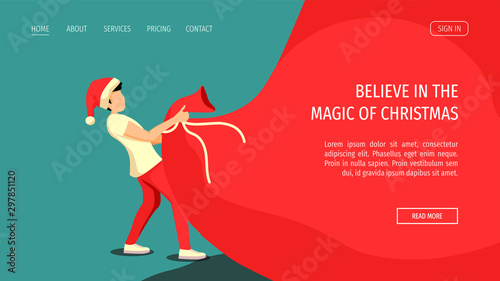 Web page design for Christmas, New Year, gifts, winter holidays. Man in Santa Claus hat pulling a huge red bag. Vector illustration for poster, banner, flyer, website.