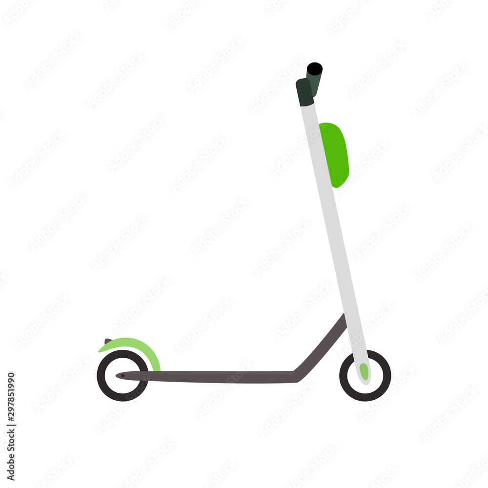 Lime electric scooter with a white frame and black running board and wheels. Kick scooter on a white background in isolation. Vector illustration