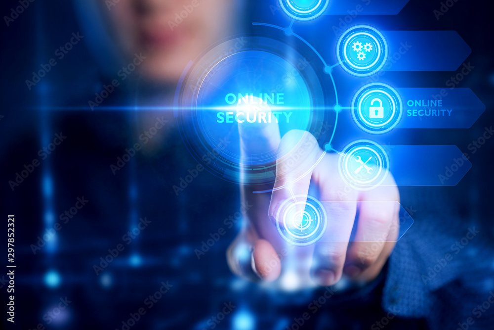 The concept of business, technology, the Internet and the network. A young entrepreneur working on a virtual screen of the future and sees the inscription: Online security. The concept of business, technology, the Internet and the network. A young entrepreneur working on a virtual screen of the future and sees the inscription: Online security.