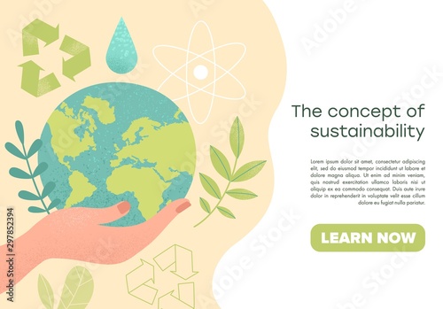 Slide or landing page layout with illustration of the concept of sustainability or environmental protection. Vector illustration