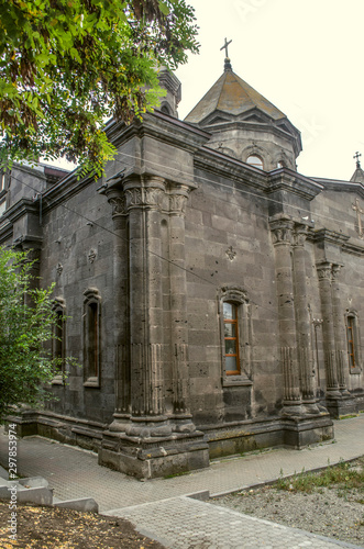 The rear east corner of the Church "Seven Sorrows of the Blessed Virgin" bearing classical columns on the sides in Gyumri