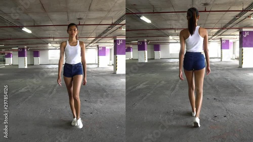 Young Asian model does waking audition for a photo shoot audition in split 2 screen, gimbal follow forward and backward photo
