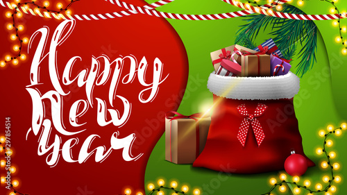Happy New Year, red and green greeting card in material design style with garlands and Santa Claus bag with presents