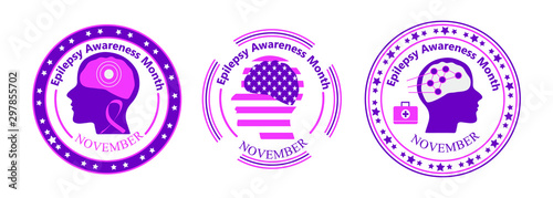 Epilepsy Awareness Month is organized on November in United States. Purple ribbon, brain, stars are shown.