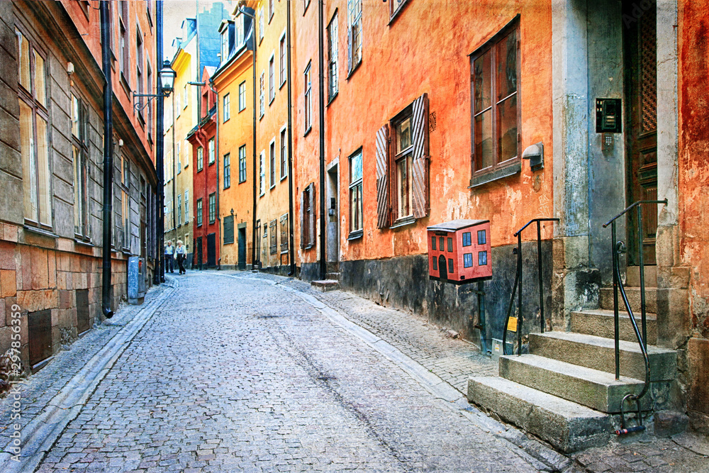 Charming colorfuk streets of old town in Stockholm, Sweeden