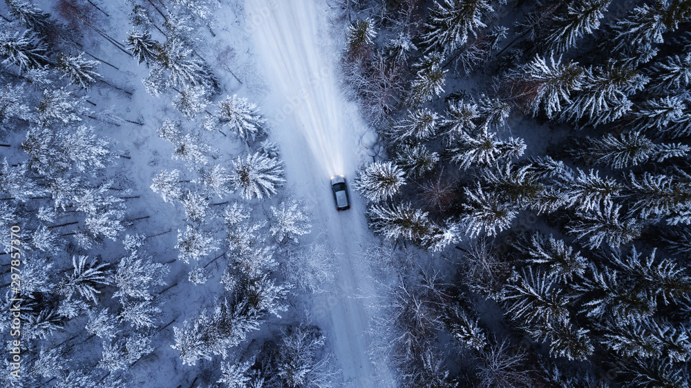 Car driving through the winter snowy forest on country road at night ...