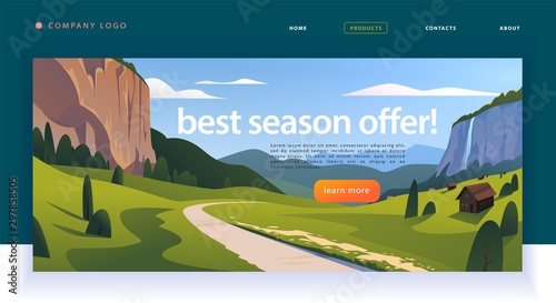 Vector landing page design template with beautiful flat canyon mountains village, road trip landscape illustration. Special offer, vacation discount banner concept. For travel agency, touristic firm.