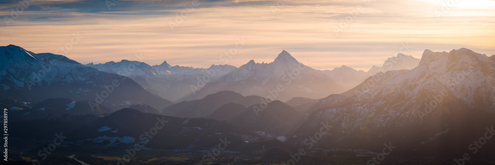 Berge Winter - Sonnenuntergang Alpen Panorama - obrazy, fototapety, plakaty 