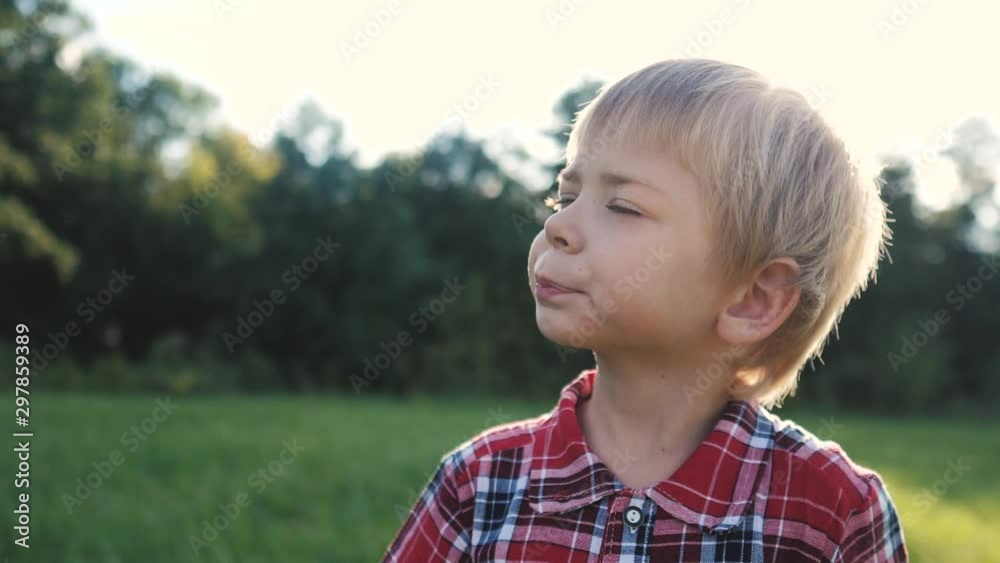 little boy portrait concept happy family. boy blond son looking up portrait slow motion video in nature in lifestyle a plaid shirt sunlight glare happy childhood concept little boy portrait concept happy family. boy blond son looking up portrait slow motion video in nature in lifestyle a plaid shirt sunlight glare happy childhood concept