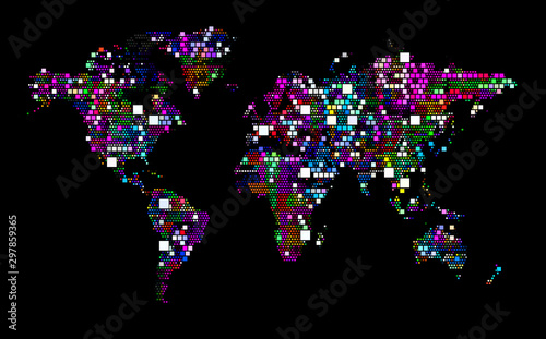 World map graphic patterned on a black background