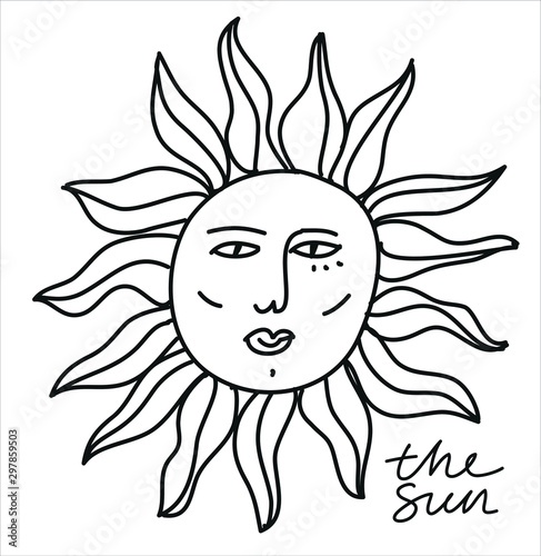 Minimalist vector illustration with the sun. The sun with face. Simple lettering.