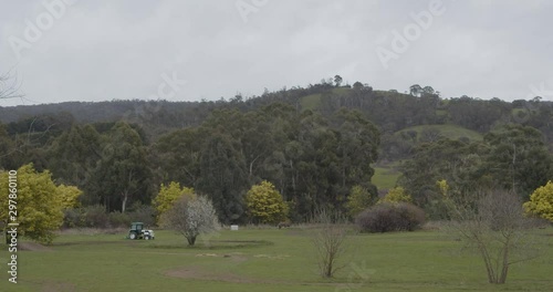 Rural farmland with lush, grassy, green hills and golden wattle trees in stormy weather in the rural town of Yea on the Melba Highway in Victoria, Australia photo