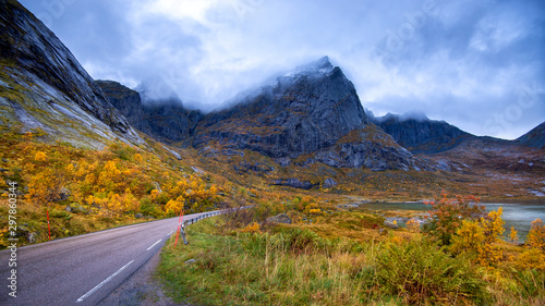 Mountain view in Lofoten Islands at rainy day