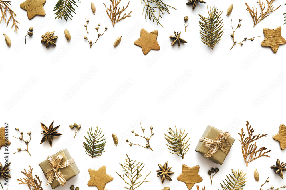 Gold Christmas Ornaments On White Background With Copy Space - obrazy, fototapety, plakaty 